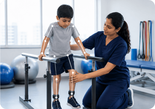 Physiotherapist guiding a child through balance and movement exercises