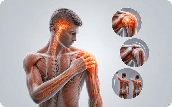 3D anatomy illustration of the shoulder joint capsule with highlighted stiffness and pain area