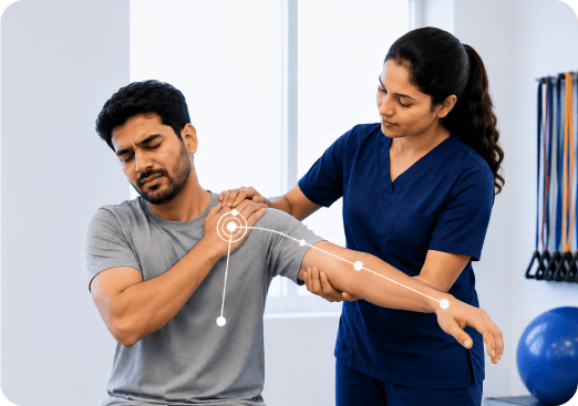 Physiotherapist guiding a patient through a shoulder mobility exercise