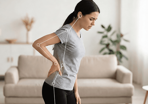 Woman holding her hip in pain while standing