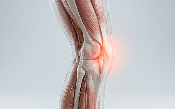 3D anatomy illustration of the knee joint and surrounding muscles with highlighted pain area