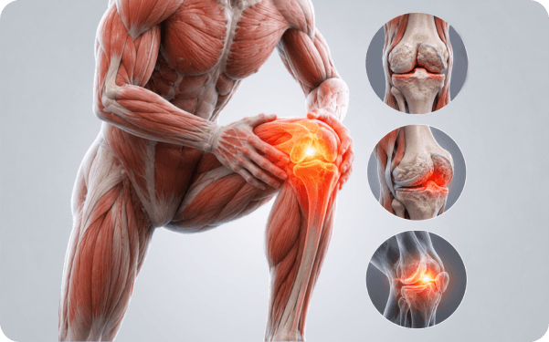 Anatomical illustration of a knee joint with the arthritic area highlighted