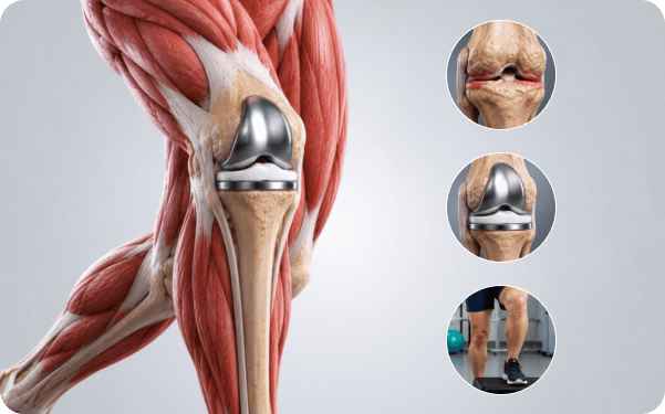 Anatomical illustration of a knee joint after replacement surgery highlighting the implant