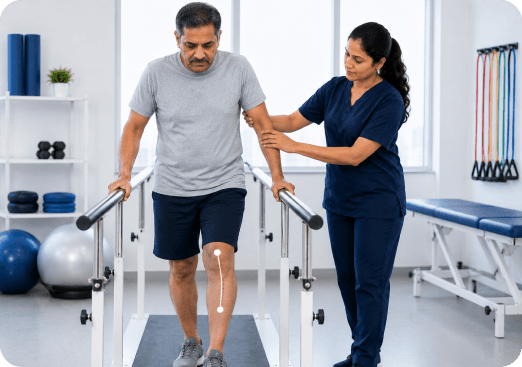 Physiotherapist guiding a patient through walking practice during knee replacement rehabilitation