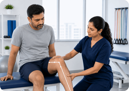 Physiotherapist assessing a patient's knee movement during a meniscus tear consultation
