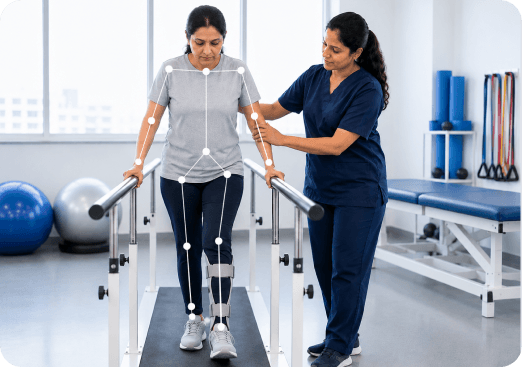 Physiotherapist supporting a patient during Multiple Sclerosis rehabilitation exercise