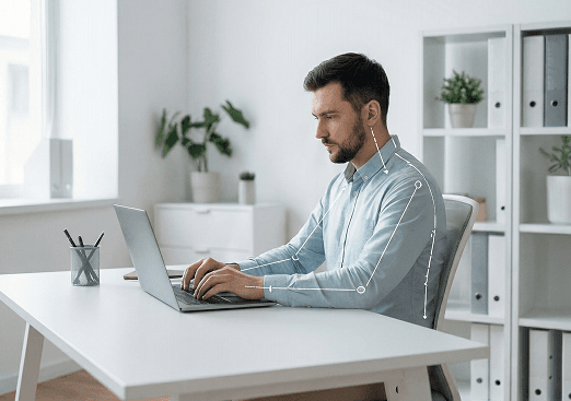 Man sitting at a desk working on a laptop with poor neck posture