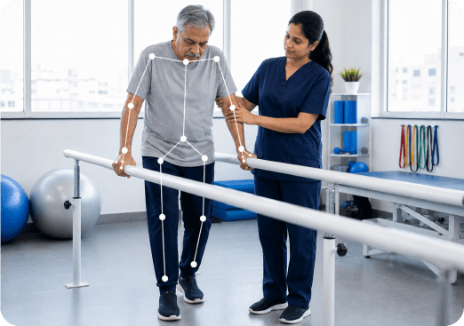 Physiotherapist supporting a patient during gait training on parallel bars for Parkinson's rehabilitation