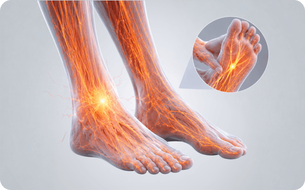 3D illustration of the legs and feet highlighting affected peripheral nerve pathways