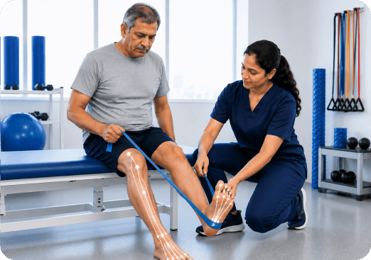 Physiotherapist supporting a patient during peripheral neuropathy rehabilitation exercise