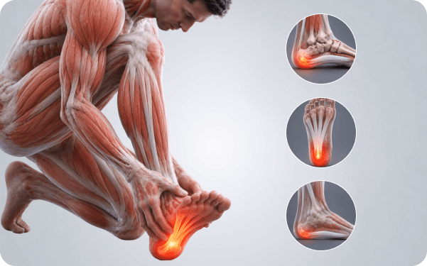 Anatomical illustration of a foot with the inflamed plantar fascia highlighted