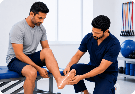 Physiotherapist performing a hands-on foot assessment for a patient with plantar fasciitis