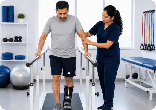 Physiotherapist supporting a patient during walking practice in post-fracture rehabilitation