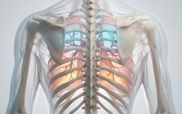 3D illustration of the lungs and airways with highlighted respiratory structures