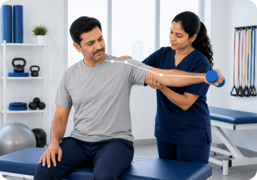 Physiotherapist assessing a patient's shoulder movement during a rotator cuff consultation