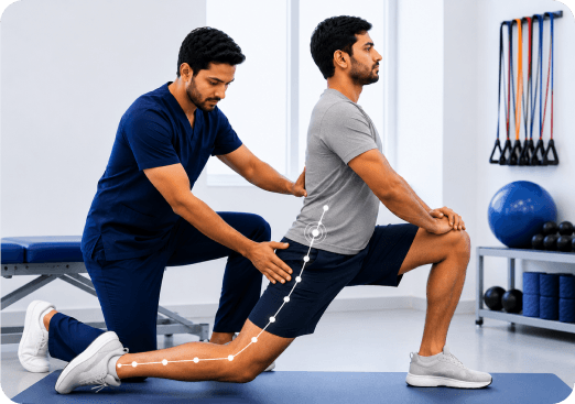 Physiotherapist guiding a patient through a supported sciatica rehabilitation exercise