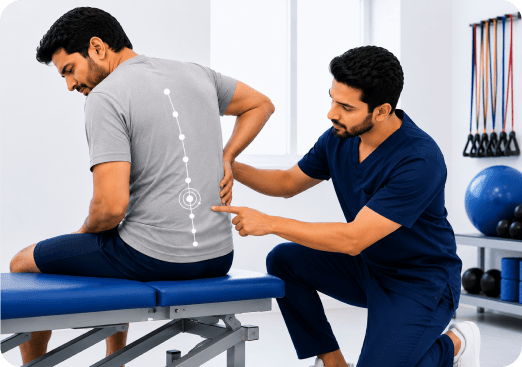Physiotherapist guiding a patient through a supported spine mobility exercise for a slipped disc