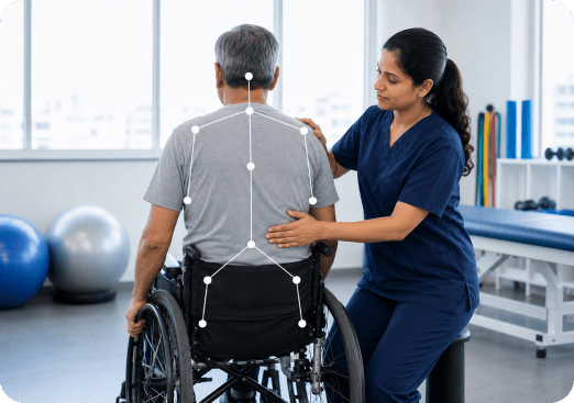 Physiotherapist supporting a patient during spinal cord injury rehabilitation