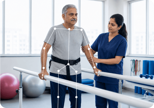 Physiotherapist supporting a patient during stroke rehabilitation exercise