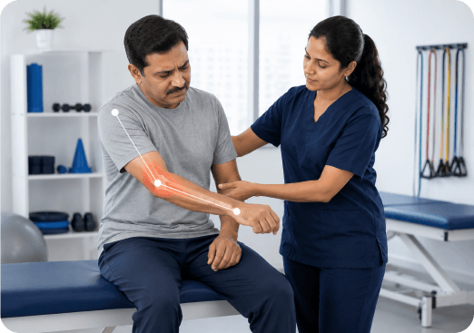 Physiotherapist assessing a patient's elbow and forearm during a tennis elbow consultation