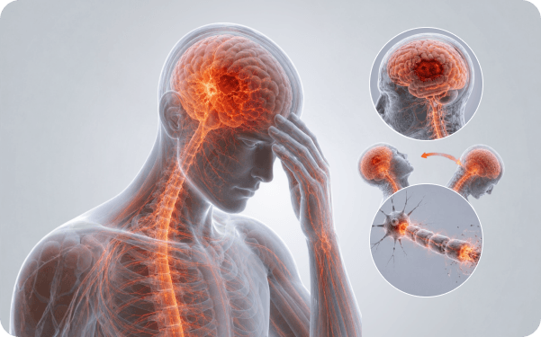 3D illustration of the brain and nervous system highlighting neural pathways affected by a traumatic brain injury