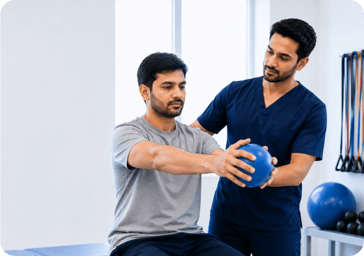 Physiotherapist supporting a patient during traumatic brain injury rehabilitation exercise