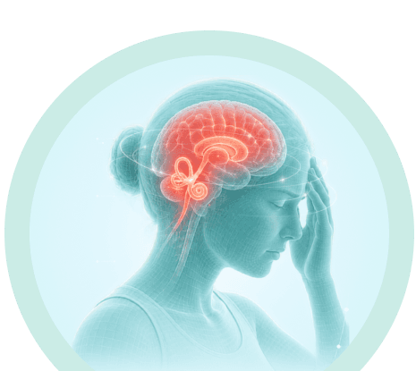 Anatomical illustration showing vertigo & vestibular rehabilitation, area