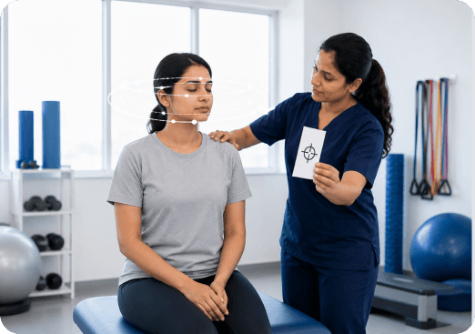 Physiotherapist supporting a patient during a vestibular balance exercise
