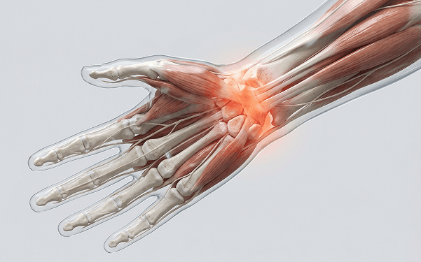 3D anatomy illustration of the wrist and hand tendons and muscles with highlighted pain area