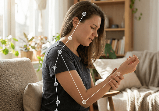Woman holding her wrist in discomfort while using a device
