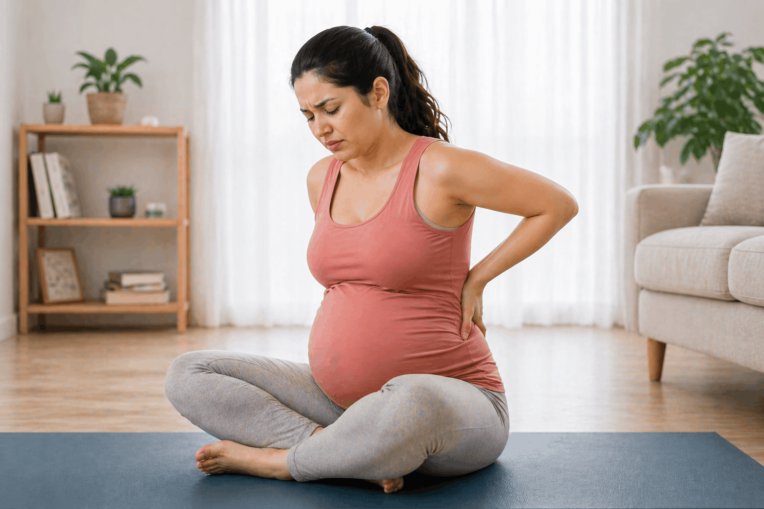Pregnant woman holding her lower back in discomfort