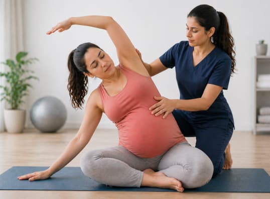Trainer guiding a pregnant woman through a supported yoga movement